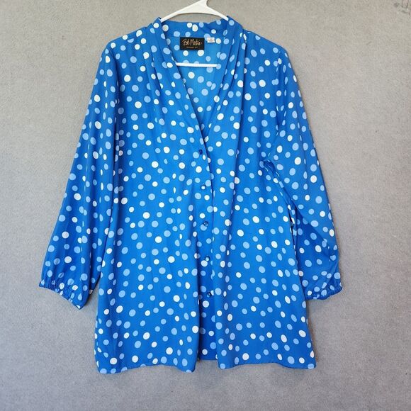 Bob Mackie Women's 1X Button Front Blue & White Polka Dot Printed Top - Picture 2 of 11